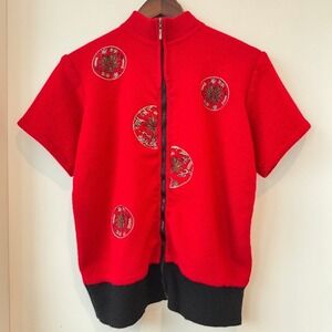Vintage 90s Shun Fei Red Knit ZipUp Wool Top Womens M Embroidered Artsy Asian
